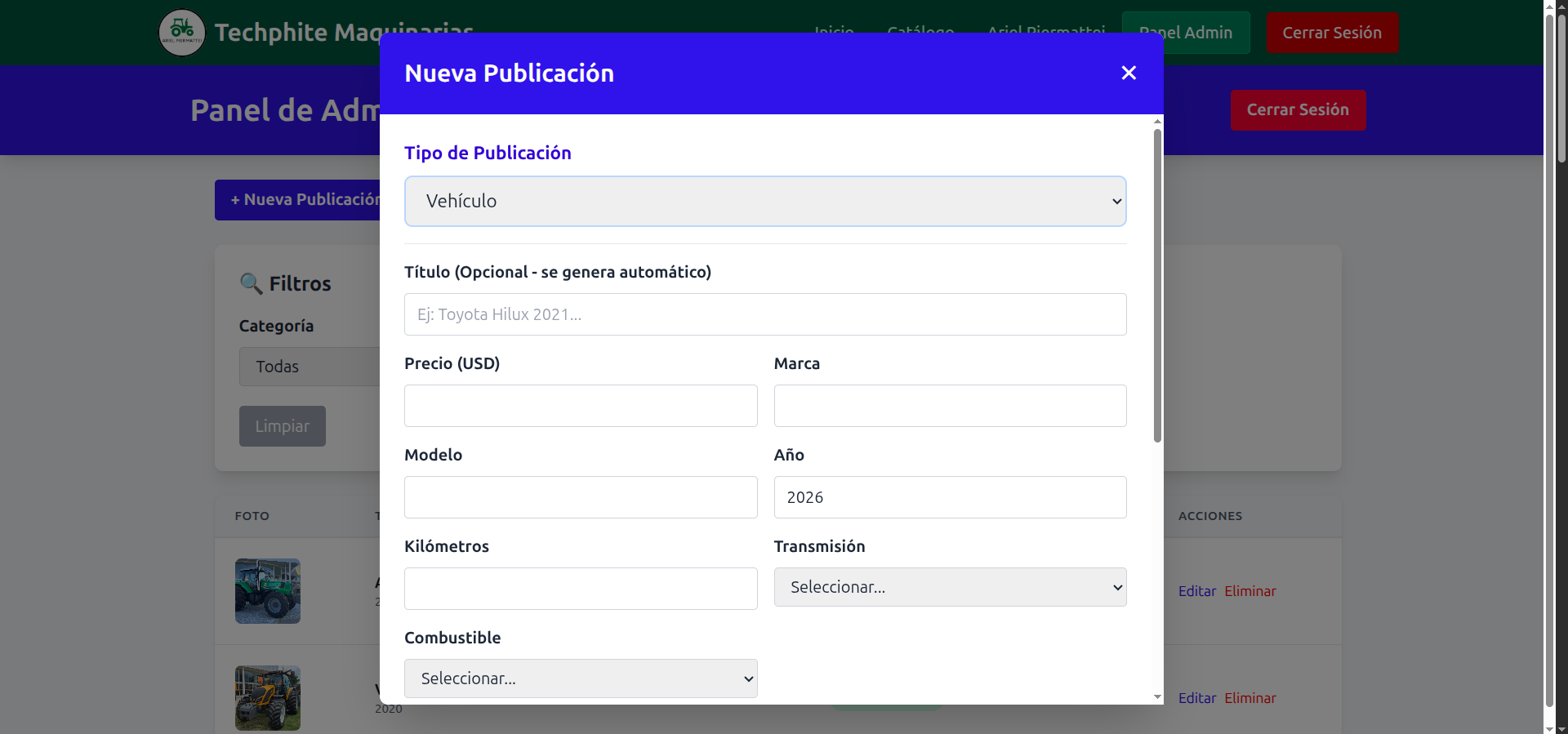 Panel de administración de productos