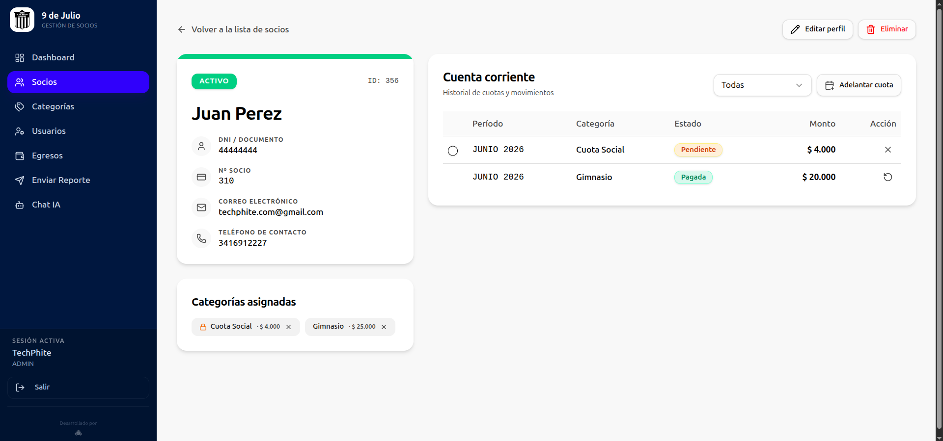 Módulo de pagos o listado de socios